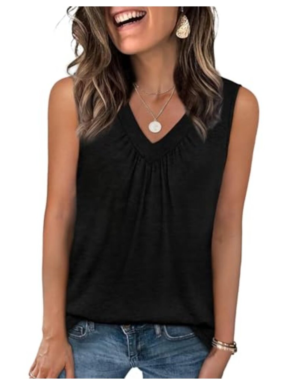 WELINCO Pleated V-Neck Sleeveless Tank Top Women's Casual